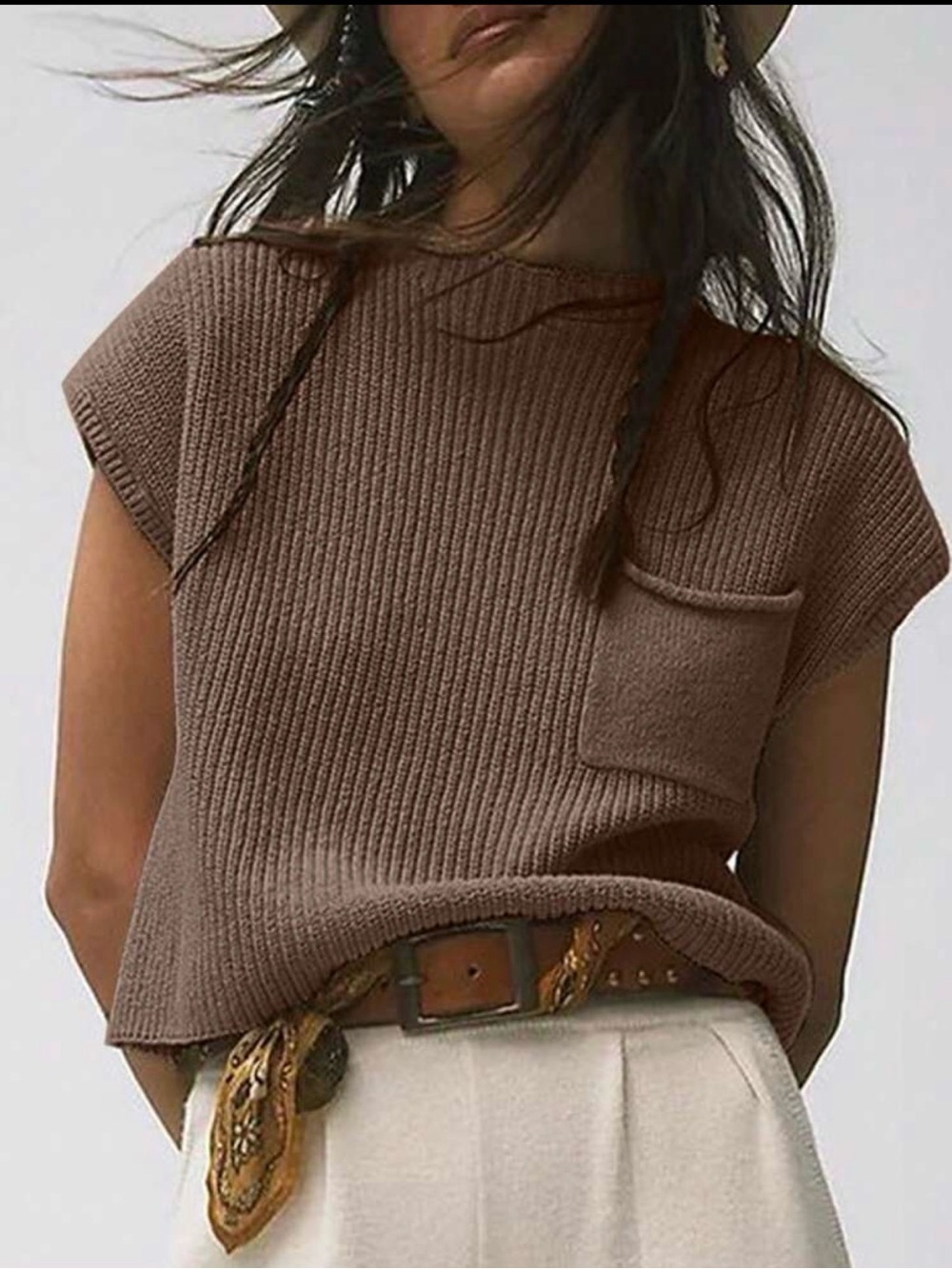 Brown Knit Cap Sleeve Sweater Tank